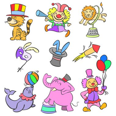 Hayvan ve öğe sirk doodle