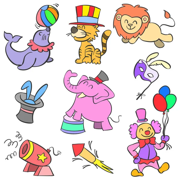 องค์ประกอบที่มีสีสันละครสัตว์สไตล์ doodle — ภาพเวกเตอร์สต็อก