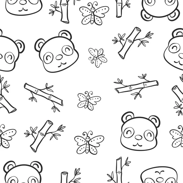 Patrón panda y bambú dibujar a mano — Vector de stock
