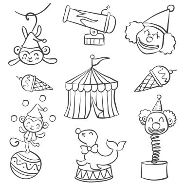 Koleksiyon nesne sirk doodle tarzı el çizmek