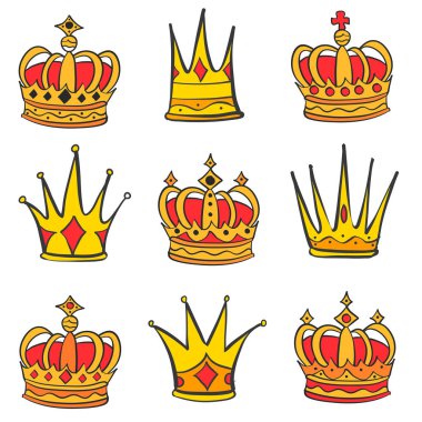 Stil kırmızı taç doodle kümesi