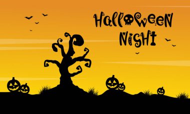 Cadılar Bayramı için ağaç ve kabak sahne siluet