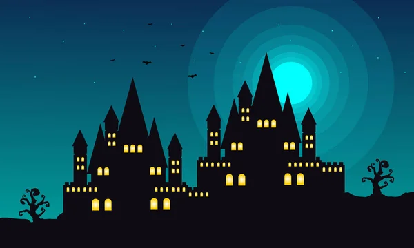 Paisaje de Halloween con castillo por la noche — Vector de stock