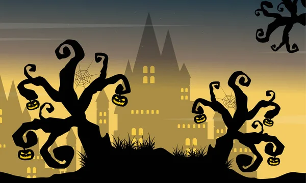 Halloween fondo castillo y árbol — Vector de stock