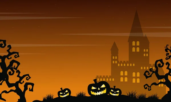 Strašidelný hrad Halloween a dýně na šířku — Stockový vektor