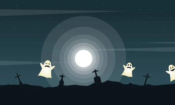 Halloween landschap kerkhof met ghost — Stockvector