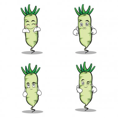 Beyaz turp karakter karikatür kümesi