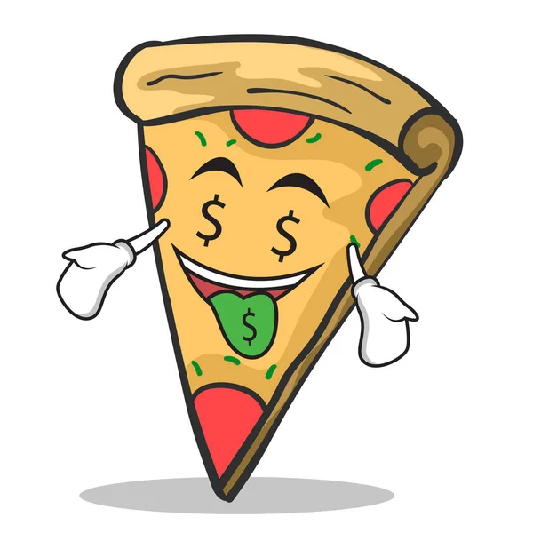 Dinheiro boca rosto pizza personagem desenho animado — Vetor de Stock