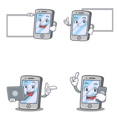 Poz kurulu laptop telefon ile iphone karakter kümesi