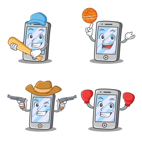 Set iphone karakter met honkbal cowboy boksen basketbal — Stockvector