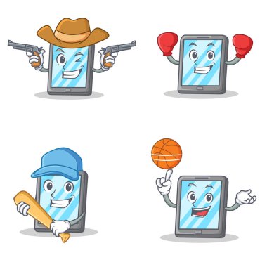 Kovboy boks beyzbol basketbol ile tablet karakter kümesi