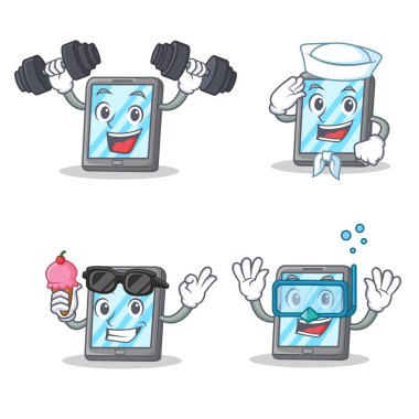 Fitness denizci dondurma dalış ile tablet karakter kümesi