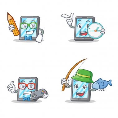 Öğrenci saat oyun balıkçılık ile tablet karakter kümesi