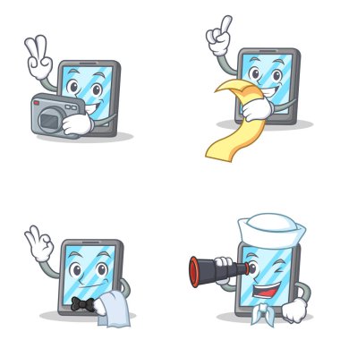 Menü garson dürbün fotoğrafçı ile tablet karakter kümesi