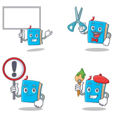 Bring kurulu işareti Kuaför sanatçı ile mavi kitap karakter kümesi