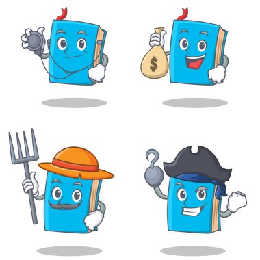 Doktor para torbası çiftçi korsan ile mavi kitap karakteri ayarla