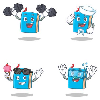 Fitness denizci dalış dondurma ile mavi kitap karakterini ayarlamak