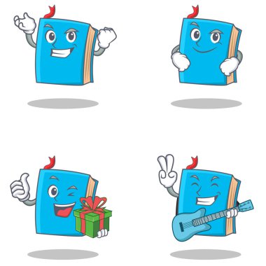Başarılı smirking hediye gitar ile mavi kitap karakter kümesi