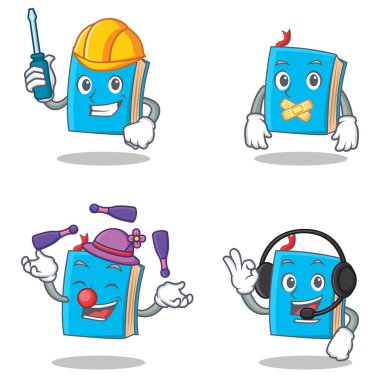 Otomotiv sessiz hokkabazlık kulaklık ile mavi kitap karakter kümesi