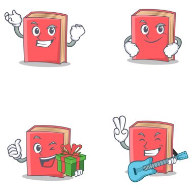 Başarılı smirking hediye gitar ile kırmızı kitap karakter kümesi