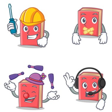 Otomotiv sessiz hokkabazlık kulaklık ile kırmızı kitap karakter kümesi