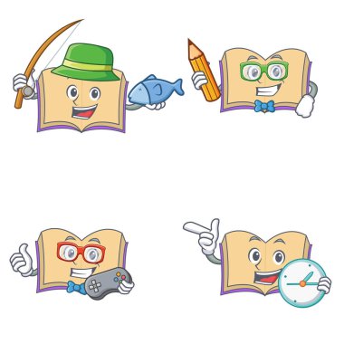 Balık tutma öğrenci oyun saati ile açık kitap karakter kümesi