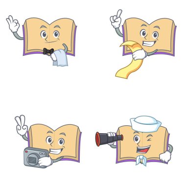 Garson menü fotoğraf dürbün ile açık kitap karakter kümesi