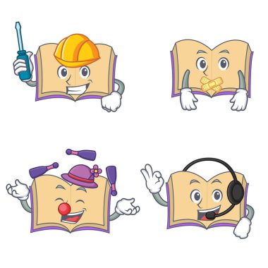 Otomotiv sessiz hokkabazlık kulaklık ile açık kitap karakter kümesi