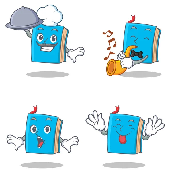 Conjunto de personagem livro azul com trompete chef surpreendeu a língua para fora — Vetor de Stock