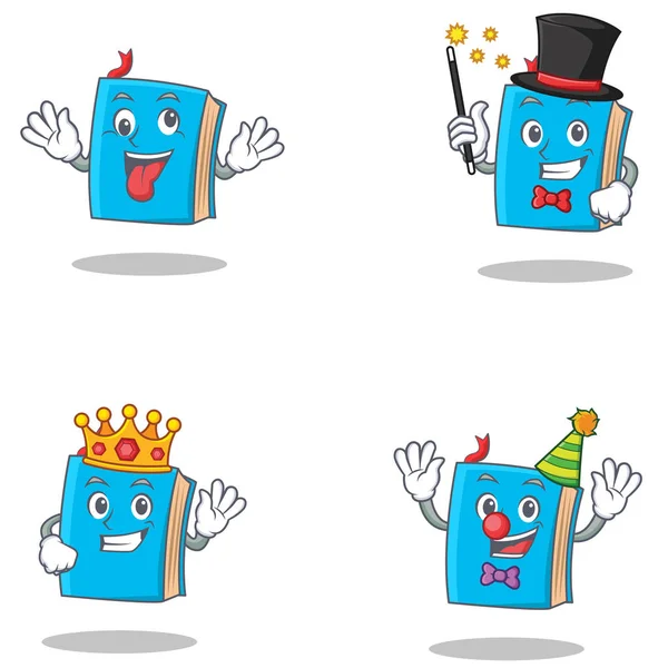 Conjunto de personagem de livro azul com palhaço rei mágico louco — Vetor de Stock
