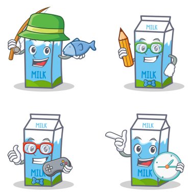 Öğrenci oyun saat Balık tutma ile süt kutusu karakter kümesi