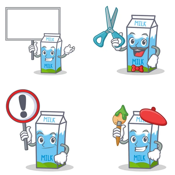 Bring kurulu işareti Kuaför sanatçı ile süt kutusu karakter kümesi