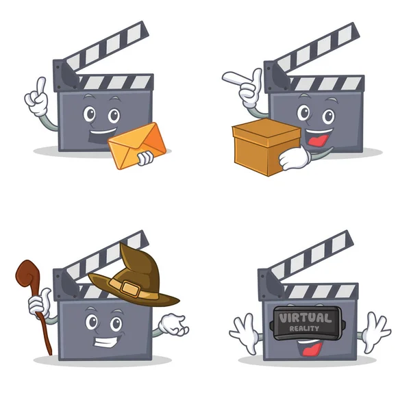 Set of movie clapper character with envelope box witch virtual — Stock Vector