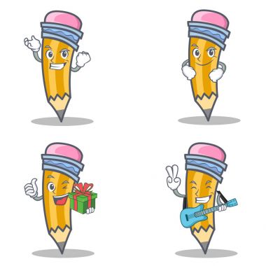 Başarılı smirking hediye gitar ile kalem karakter kümesi