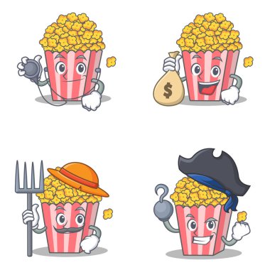 Doktor para ağız çiftçi korsan ile patlamış mısır karakter kümesi