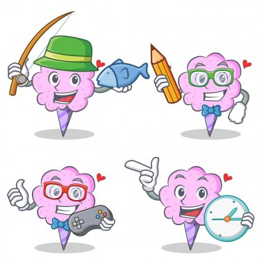 Balık tutma öğrenci oyun saati ile pamuk şeker karakter kümesi