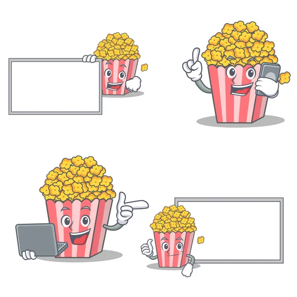 Набір символів Popcorn з позуванням ноутбука на дошці — стоковий вектор