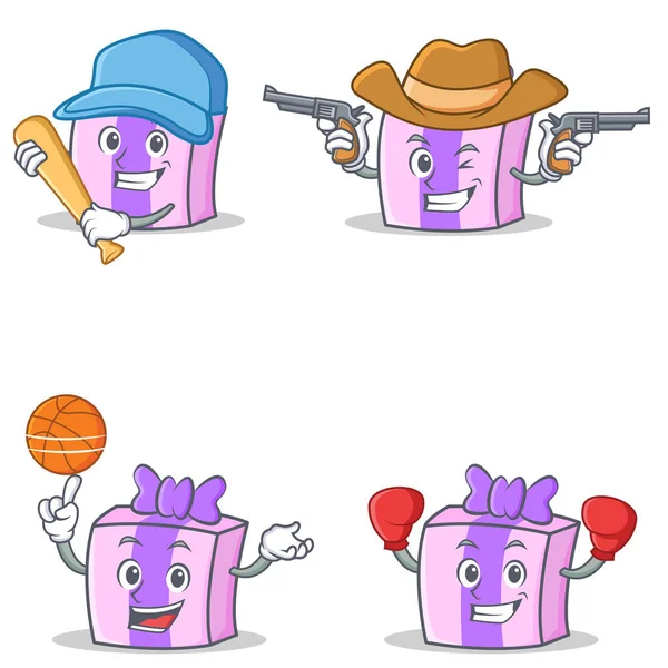 Set of gift character with baseball basketball cowboy boxing vector art — Stock Vector