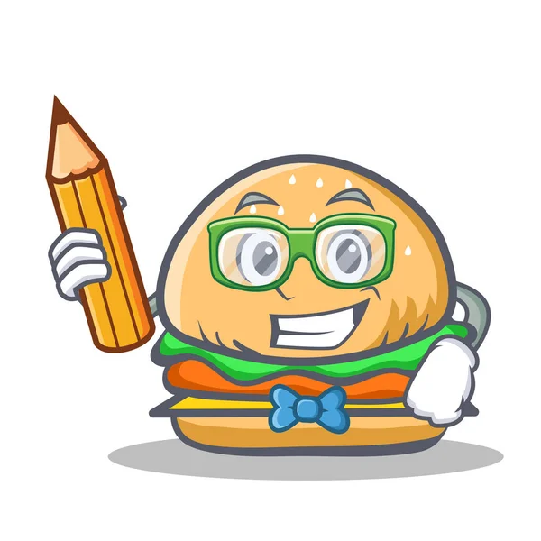 Personagem de hambúrguer estudantil fast food com lápis — Vetor de Stock