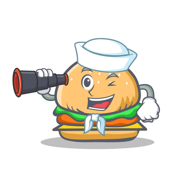 Caráter de hambúrguer marinheiro fast food com binocular — Vetor de Stock