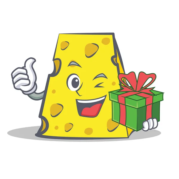 Personaje de queso estilo de dibujos animados con regalo — Vector de stock