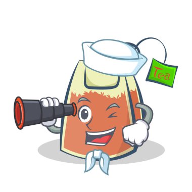 Denizci çay poşeti karakter karikatür vektör sanat dürbün ile