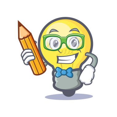 Öğrenci ampul karakter karikatür kalem ile