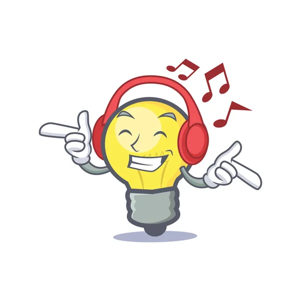 Dinleme müzik ampul karakter karikatür — Stok Vektör