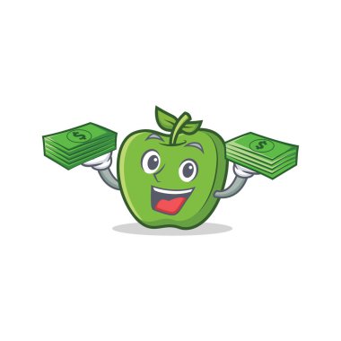 Yeşil elma karakter karikatür para ile