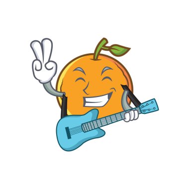 Turuncu meyve çizgi film karakteri gitar ile