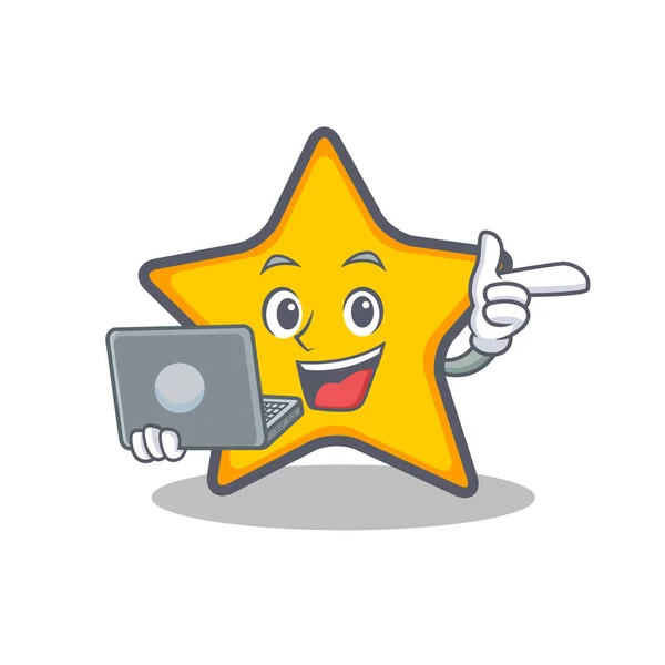 Yıldız karakter karikatür tarzı dizüstü bilgisayar ile — Stok Vektör
