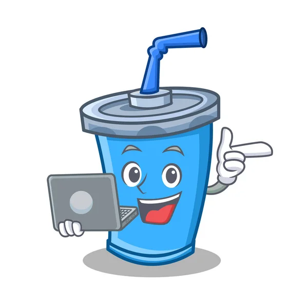 Soda Drink Charakter Cartoon mit Laptop — Stockvektor