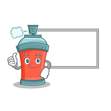 Başparmak yukarıya kurulu aerosol sprey ile karikatür karakter