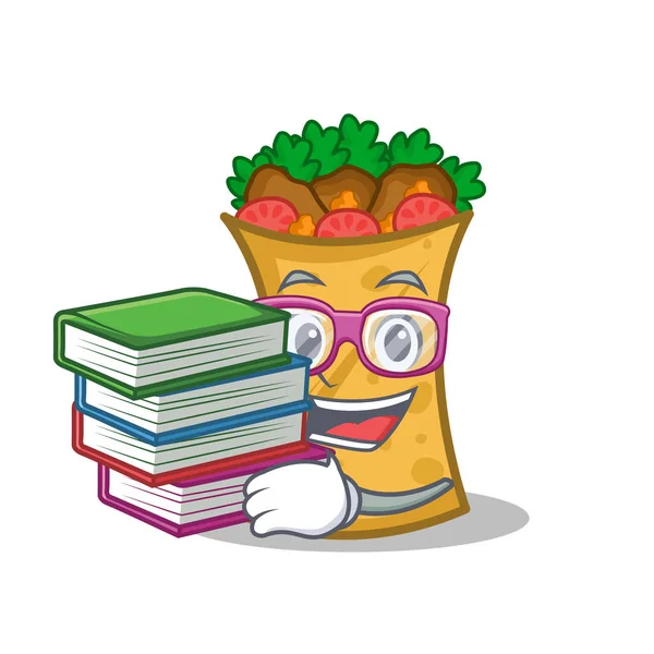 Studente con libro kebab wrap personaggio cartone animato — Vettoriale Stock